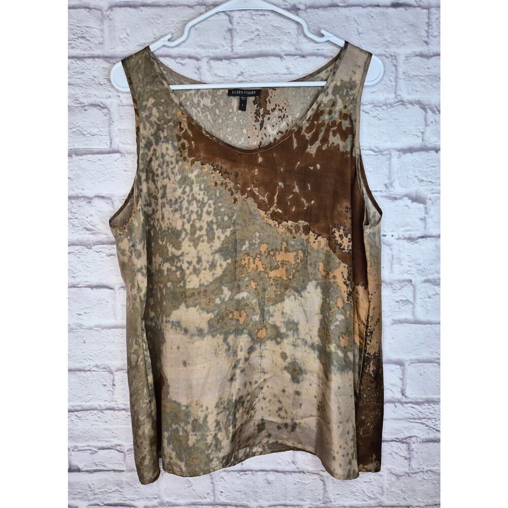 Eileen Fisher Sea Spray 100% Silk Tank Top Large Abstract Earth Tone Scoop Neck